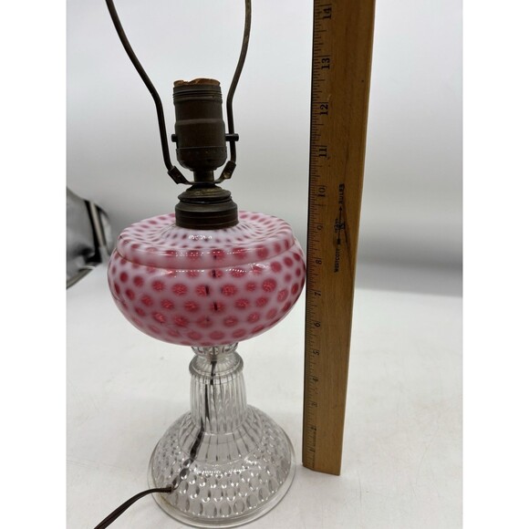 Antique Hobbs Cranberry Coin Spot Opalescent Glass Kerosene Oil Lamp Electrified - Picture 6 of 7